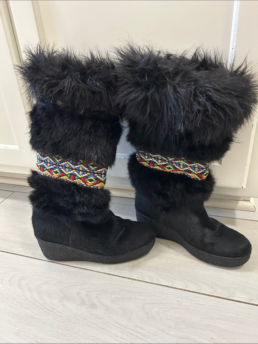 Black Faux Fur Wedge Boots with Multicolor embroidered Trim